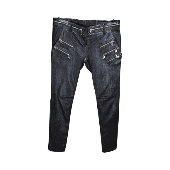 BALMAIN - FR38/6 Skinny Zip Moto Biker Pants in Glitter/Silver Lambskin Leather - Picture 1 of 15